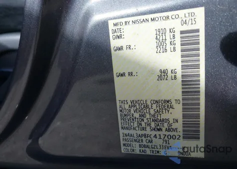 2015 Nissan Altima 2.5 S z USA, uszkodzony, nr VIN 1N4AL3AP8FC417002